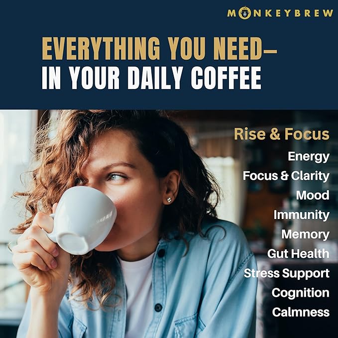 Monkey Brew Rise &amp Focus USDA Organic Mushroom Coffee | Boosts Focus Energy Immunity &amp Mood | 1750mg Adaptogens: Lion’s Mane Turkey Tail KSM-66 Ashwagandha | Low Caffeine Fruiting Body