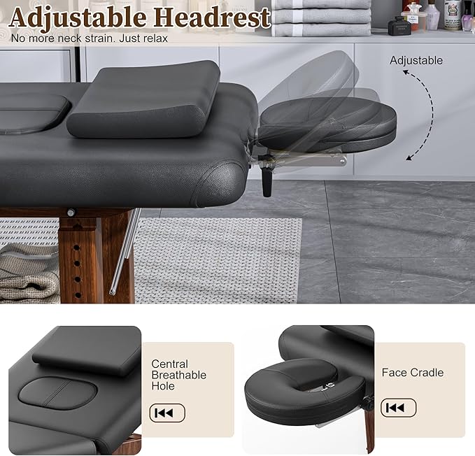Adjustable Professional Massage Table Wood Stationary Massage Table with Adjustable Height &amp Backrest Eyelash Bed with Large Storage Space C Shape Pillow for Spa Treatment Beauty