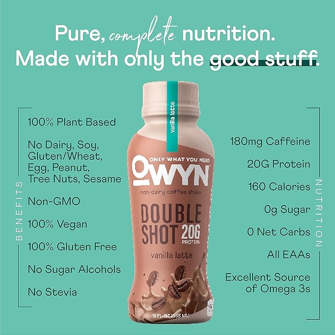 OWYN Only What You Need Double Shot Vanilla Latte Flavored Protein Shake 20g Protein 0g Sugar 3g Fiber 180mg Caffeine Dairy Free Plant Based Protein Drink 12 Count