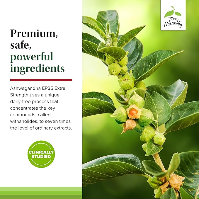 Terry Naturally Ashwagandha EP35 Extra Strength - Herbal Supplement for Sleep Support - Aid Healthy Stress Response - Endurance &amp Energy Support - 60 Capsules (60 Servings)
