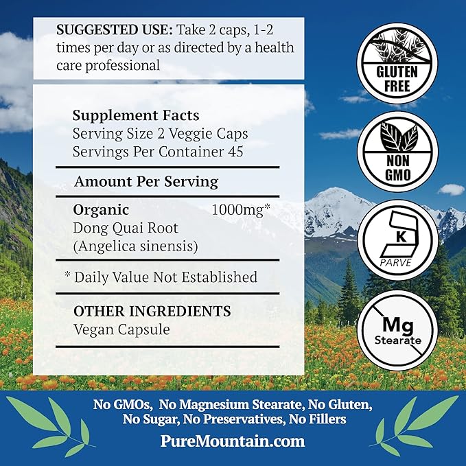 Pure Mountain Botanicals Dong Quai Capsules - Kosher Vegan Caps with 500mg Dong Quai Root Supplement