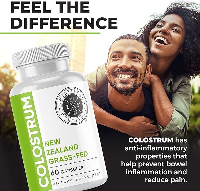 Intestinal Fortitude 100% Grass Fed New Zealand Cows Colostrum Capsules Grassfed Hormone Free GMO Free Optimal Gut Health and Immune System Support Leaky Gut IBD 500 mg Capsules 60 CT