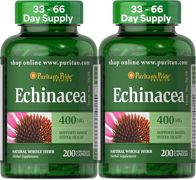 Puritan's Pride Premium Echinacea Natural Whole Herb Herbal Supplement 400mg Dietary Supplement for Health Immune System Support 200 Rapid Release Capsules 2 Pack