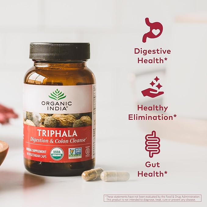 ORGANIC INDIA Triphala Capsules Organic - Herbal Supplement with Amla Bibhitaki Haritaki Digestion &amp Colon Support Immune System Support Adaptogen Vegan USDA Certified Organic - 180 Capsule