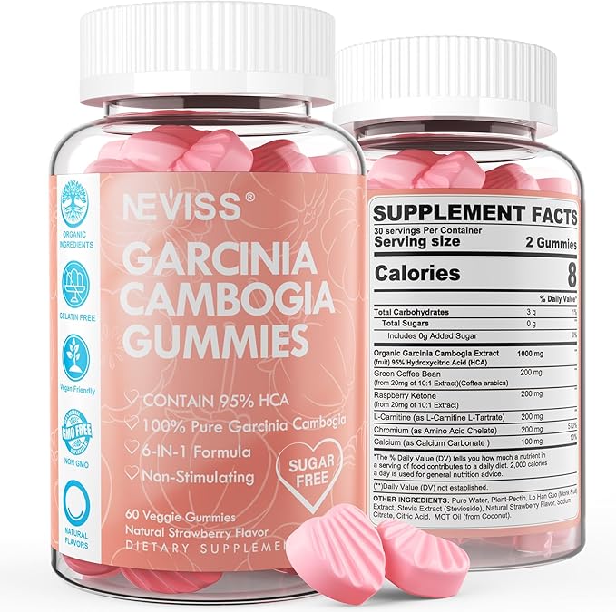 Sugar Free Garcinia Cambogia Gummies 1000mg 95% HCA Pure Extract with L-Carnitine Raspberry Ketone Chromium Green Coffee Bean for Metabolism 100% Organic Extract Vegan Strawberry Flavor 60 Cts