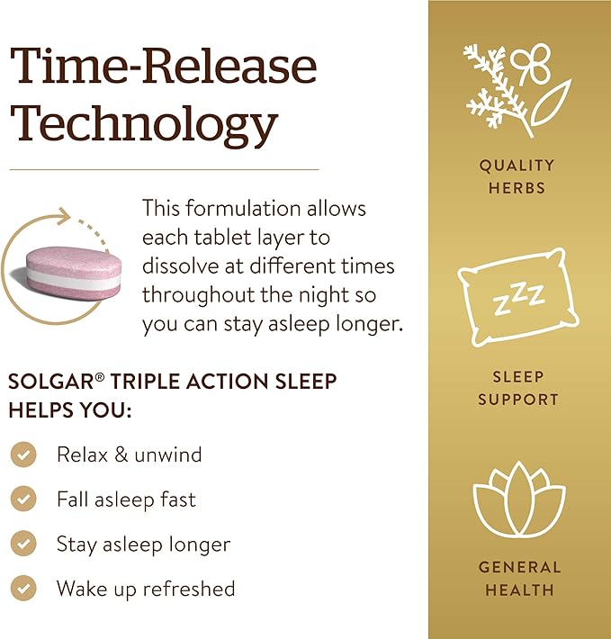Solgar Triple Action Sleep 90 Tri-Layer Tablets - Time-Release Melatonin &amp L-Theanine Plus Herbal Blend - Helps You Relax - Non-GMO Gluten Free - 90 Servings