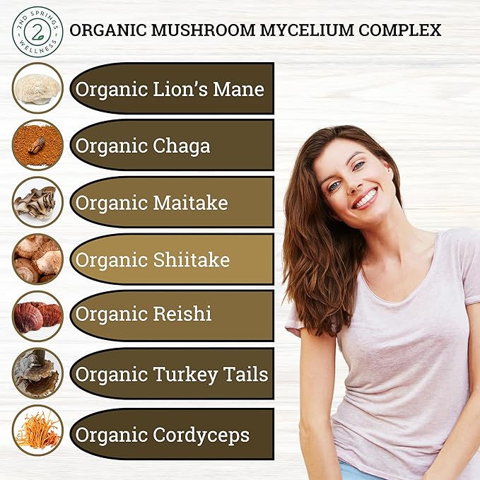 Organic Mushroom Complex - 7 Mushroom Supplement - Immune Support Nootropic &amp Adaptogenic Supplement with Lion's Mane Chaga Maitake Shiitake Reishi Turkey Tails Cordyceps Capsules