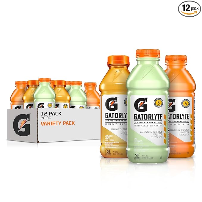 Gatorlyte Rapid Rehydration Electrolyte Drink 3 Flavor Variety Pack Specialized Blend of 5 Electrolytes Lower Sugar No Artificial Sweeteners No Artificial Flavors 20 fl oz Bottles (12 Pack)