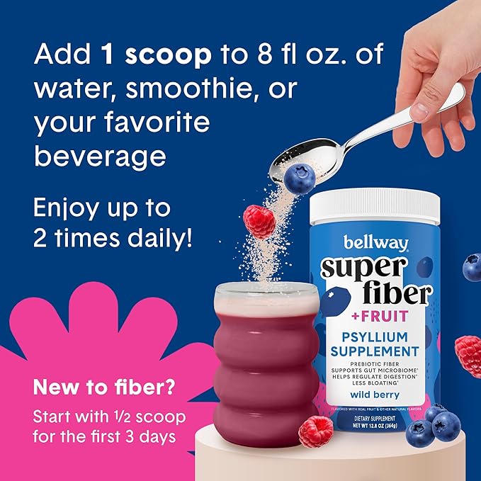 Bellway Super Fiber Powder + Fruit Sugar Free Organic Psyllium Husk Powder Fiber Supplement for Regularity Bloating Relief &amp Digestive Health Plant-Based Wild Berry (50 Servings)