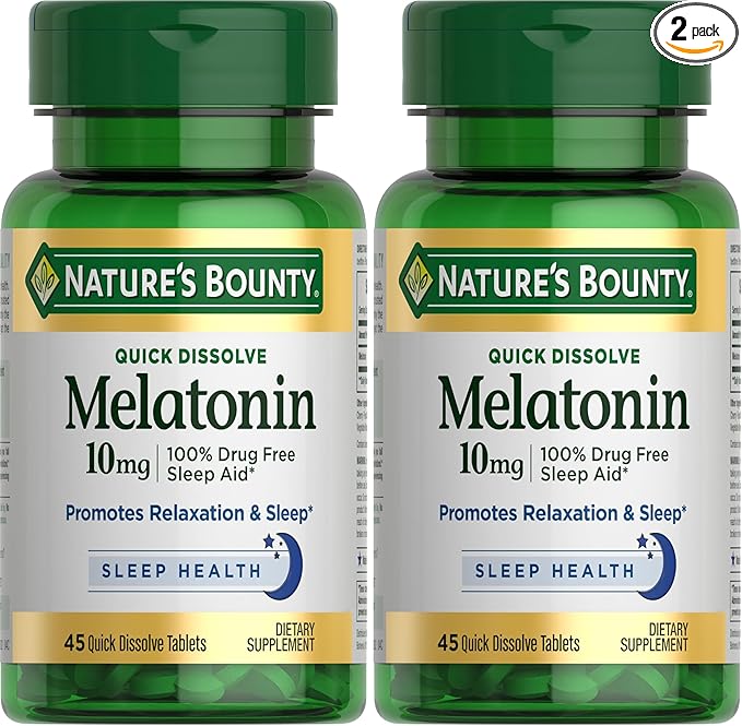 Nature's Bounty Melatonin 100% Drug Free Sleep Aid Dietary Supplement Promotes Relaxation and Sleep Health 10mg 45 Quick Dissolve Tablets (Pack of 2)