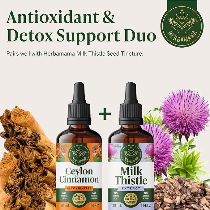 HERBAMAMA Ceylon Cinnamon Extract Liquid - Cinnamon Drops for Antioxidant &amp Overall Support - Non-GMO Alcohol &amp Sugar-Free Supplement 84-Day Supply