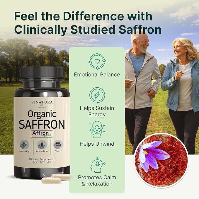 VINATURA Organic Saffron Supplement 28mg - Pure Affron Saffron Extract Capsules 45 Veggie Capsules
