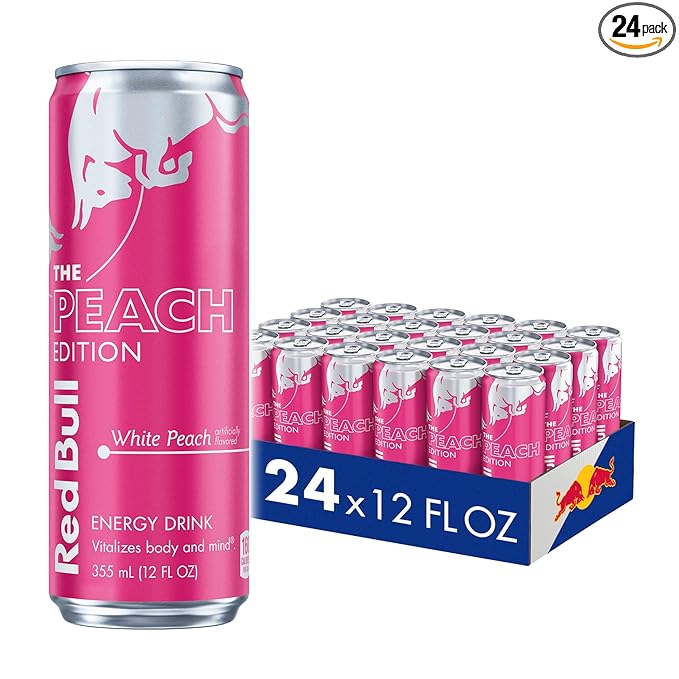 Red Bull Peach Edition Energy Drink White Peach 12 fl. oz. 24 cans with 114mg Caffeine Taurine &amp B Vitamins