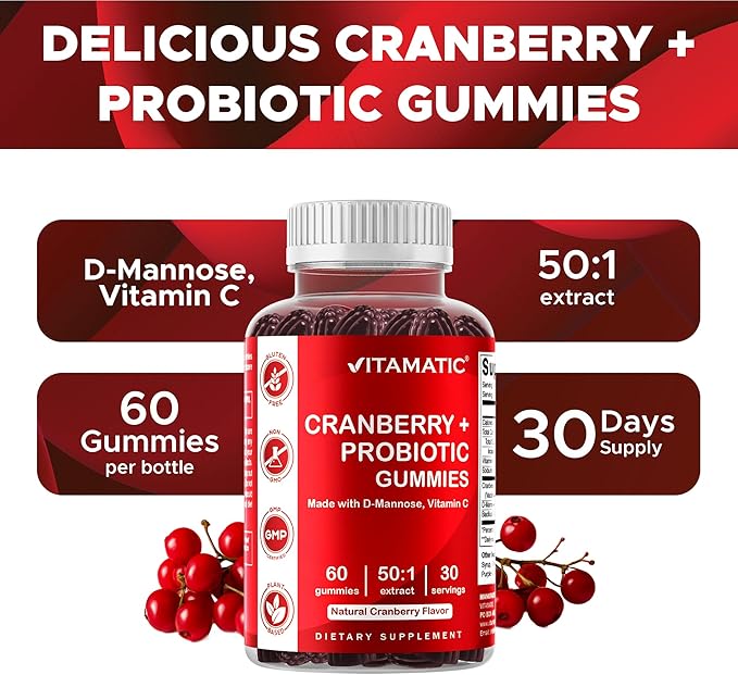 Vitamatic 2 Pack Cranberry Gummies with D-Mannose Probiotics Vitamin C – Plant-Based Botanical Extract – Vegan Non-GMO – 60 Count