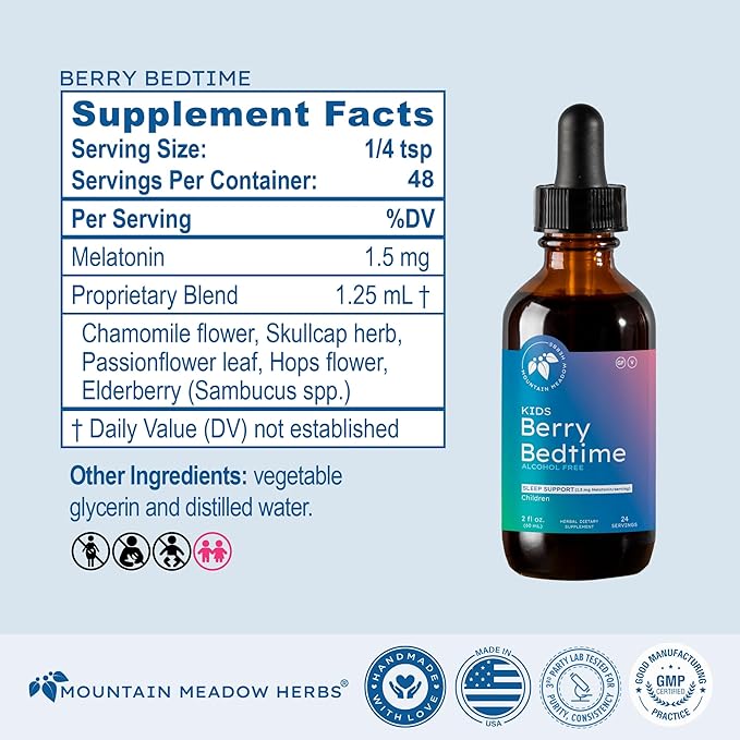 Mountain Meadow Herbs Berry Bedtime – Kids Sleep Support Drops with Melatonin Chamomile Lemon Balm &amp Passionflower - Natural Sleep Aid for Children – 2 oz