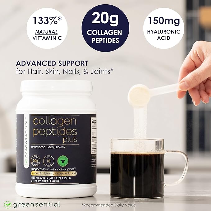 Collagen Peptides Plus Powder 21 OZ | + Vitamin C &amp Hyaluronic Acid | Type I &amp III Grass-Fed | Hair Skin Nail &amp Joint Support | 3rd-Party Certified Easy-Mix Unflavored 28 Servings