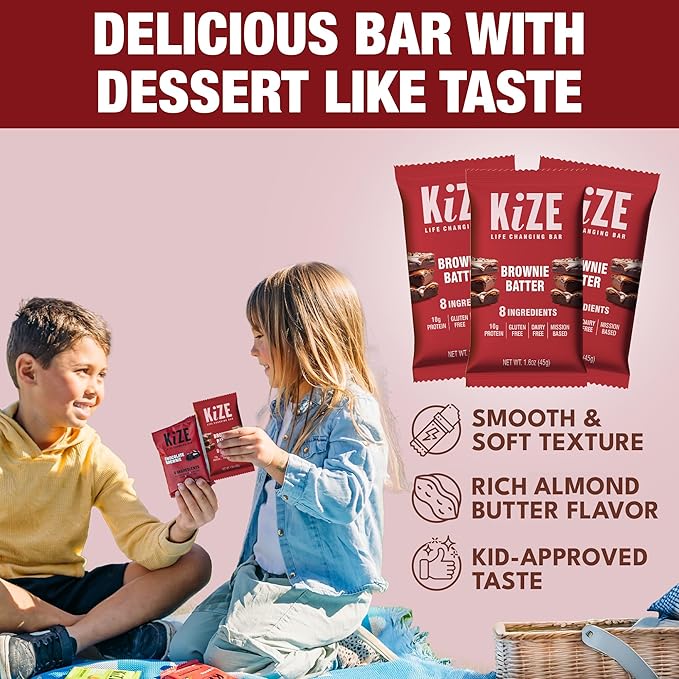 KiZE Energy Bars - Brownie Batter - 20-Count - Almond-Butter-Based Gluten Free Dairy Free Non-GMO and High Protein Meal Replacement Energy Bars Clean and Simple Food Ingredients - 10g High Protei