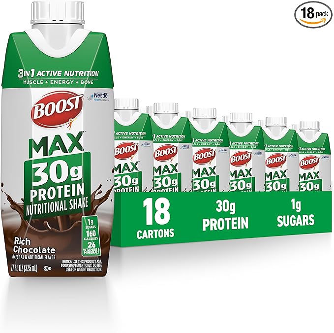 BOOST MAX Protein Shakes Ready to Drink - 30g High Protein Shake - Chocolate | Nutritional Drinks to Support Muscle Recovery After Exercise 26 Vitamins &amp Minerals 1g Sugar 11 fl oz (Pack of 18)