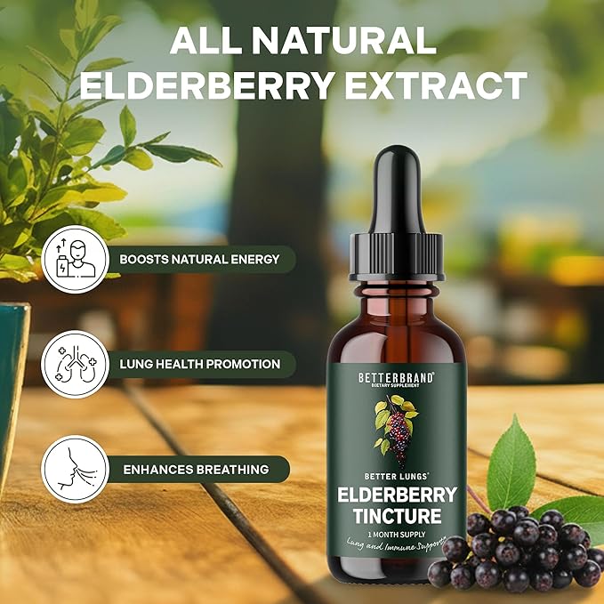 Betterbrand BetterLungs Elderberry Tincture Natural Immune Support Supplement - Sugar-Free Non-GMO Alcohol Free Vegetarian - 30 Day Supply