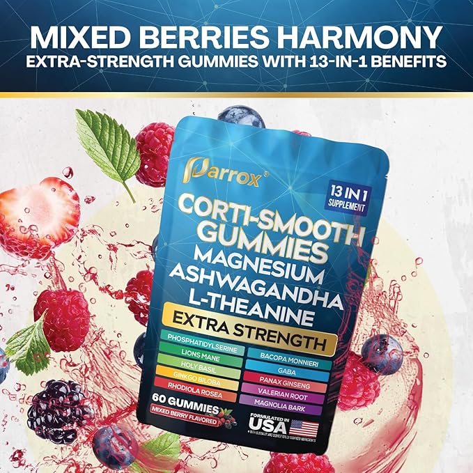 Corti-Smooth Cortisol Support Gummies with Magnesium L-Theanine Ashwagandha Phosphatidylserine Bacopa Monnieri Lions Mane Ginkgo Biloba Valerian Root (Mixed Berry Flavor - 3 Pack)