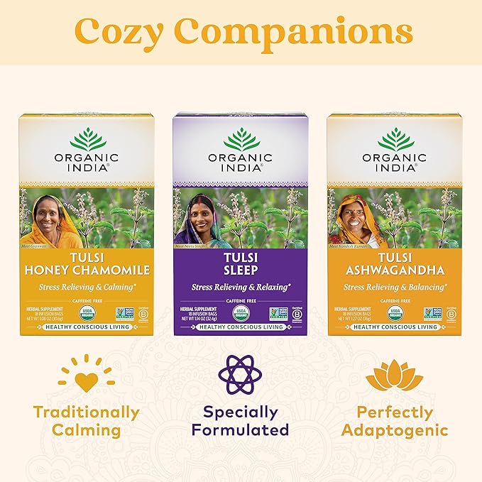 ORGANIC INDIA Tulsi Honey Chamomile Tea Bags - Herbal Tea for Stress Relieving &amp Calming USDA Certified Organic Caffeine Free - 18 Tea Bags 3 Pack