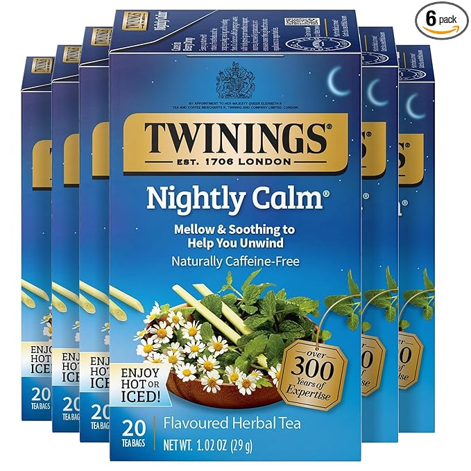 Twinings Nightly Calm Herbal Tea Individually Wrapped Bags 20 Count (Pack of 6) Spearmint &amp Lemongrass Naturally Caffeine-Free Enjoy Hot or Iced 120 Teabags
