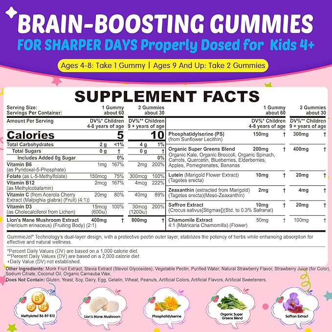 Kids Brain Gummies with Lion's Mane Mushroom Methyl B6 B9 B12 Super Greens Lutein Brain Booster Supplement for Focus &amp Attention Cognitive Function Vision &amp Energy Sugar Free Vegan 6