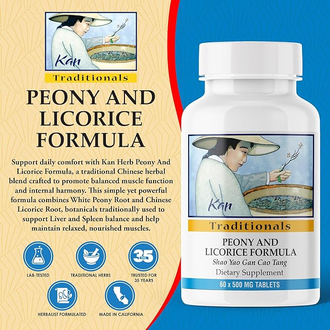 Kan Herbs Company Peony &amp Licorice Formula Tablets – Traditional Chinese Herbal Blend with White Peony Root &amp Chinese Licorice to Support Liver Balance Muscle Comfort &amp Digestive Harmony