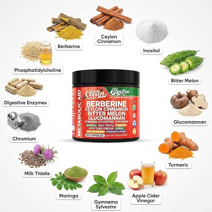 Clean Nutra Berberine and Ceylon Cinnamon Supplement Bitter Melon Glucomannan Gymnema Sylvestre Chromium Moringa Milk Thistle Turmeric Apple Cider Vinegar Digestive Enzymes Inositol Pills 90 Capsules