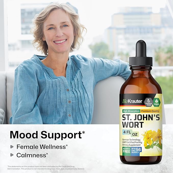 BIO KRAUTER® St Johns Wort for Calm &amp Mood Support - Vegan St. John's Wort for Relaxation &amp Emotional Wellness Support - Calm Drops 4 Fl.Oz. 56-Day Supply Alcohol &amp Sugar Free Herbal Sup