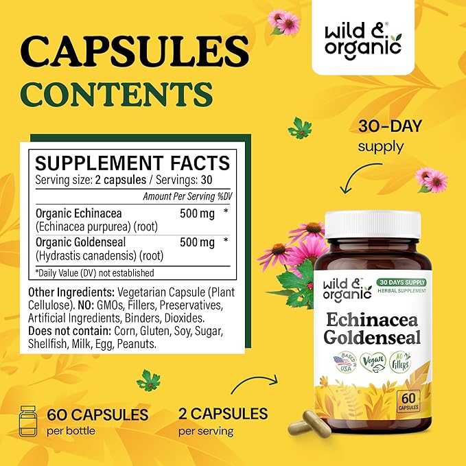 Wild &amp Organic Echinacea Goldenseal Capsules - Immune &amp Lung Support - Goldenseal Echinacea Supplement - Hydrastis Canadensis &amp Purpurea Complex - Vegan No Fillers Non-GMO - 60 Count