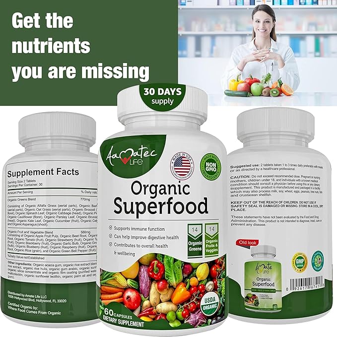 Organic Superfood Greens Fruits and Veggies Complex - Best Dietary Supplement with 14 Greens and 14 Fruits &amp Vegetables with Alfalfa &amp Antioxidant Organic Ingredients Non-GMO 240 Capsules