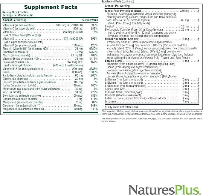 NaturesPlus Source of Life Men - 120 Tablets Pack of 2 - Iron-Free Multivitamin &amp Mineral Supplement - with Saw Palmetto Lycopene &amp Rhodiola - Gluten Free Vegetarian - 120 Total Servings