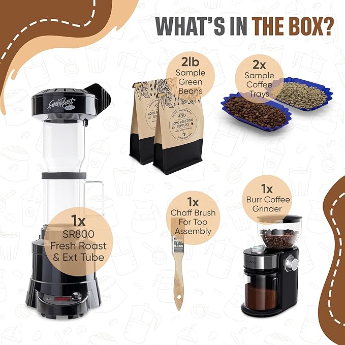 Fresh Roast Coffee Roaster Bundle SR800 Glass Extension Tube Burr Grinder (2 Lbs) Sample Pack of Green Beans (2- pack) Sample trays