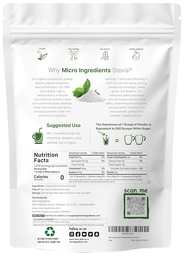 Micro Ingredients Pure Organic Stevia Powder 8 Ounces 1418 Serving Highest Grade Stevia Green Leaf Extract Reb-A Reduced Bitter Aftertaste 0 Calorie Natural Sweetener Sugar Alternative Keto Fr
