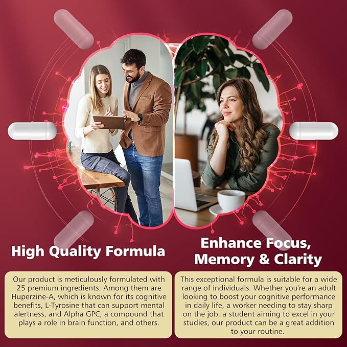 Brain Supplement for Mental Alertness Memory Focus &amp Energy Alpha GPC Huperzine-A L-Tyrosine Phosphatidylserine Vitamins B6 B12 High Absorption 90 Capsules