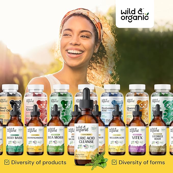 Wild &amp Organic Uric Acid Cleanse Drops - Tart Cherry Turmeric Chanca Piedra Stone Breaker Complex for Kidney Cleanse - Uric Acid Support Supplement - Vegan Sugar &amp Alcohol-Free Tincture - 2