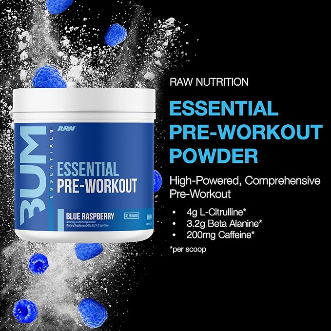RAW Nutrition - Essential Pre - Chris Bumstead Pre Workout Formula Sports Nutrition Pre-Workout Powders | Men &amp Womens Drink Energy Powder for Working Out (Blue Raspberry)