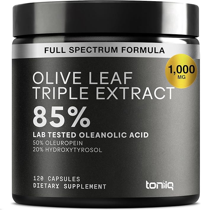 Toniiq 46620 mg Olive Leaf Extract Complex – with 85% Oleanolic Acid 50% Oleuropein &amp 20% Hydroxytyrosol - 50:1 Extract Ratio – 1000mg Extract Per Serving – Third-Party Tested – 120 Capsules