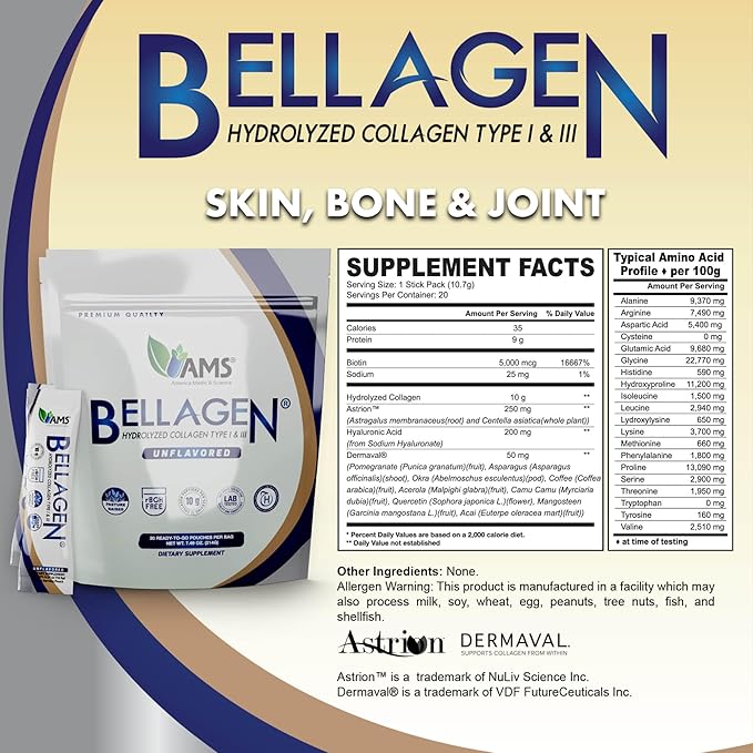 America Medic &amp Science Bellagen Collagen Peptides – 20 Single Serving Sticks for Skin Hair Nail &amp Joint Support – Hydrolyzed Grass-Fed Gluten-Free Non-GMO