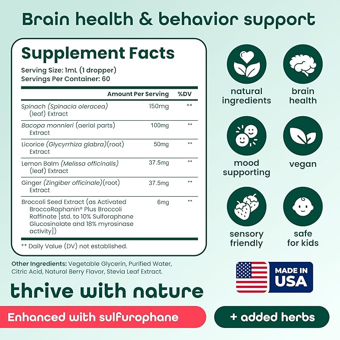 Broccoli Sprouts Sulforaphane Liquid for Kids – Activated BroccoRaphanin + Myrosinase – Broccoli Supplement Sulforaphane Glucosinolate – Brain &amp Mood Support – Berry Flavor – 60 Servings