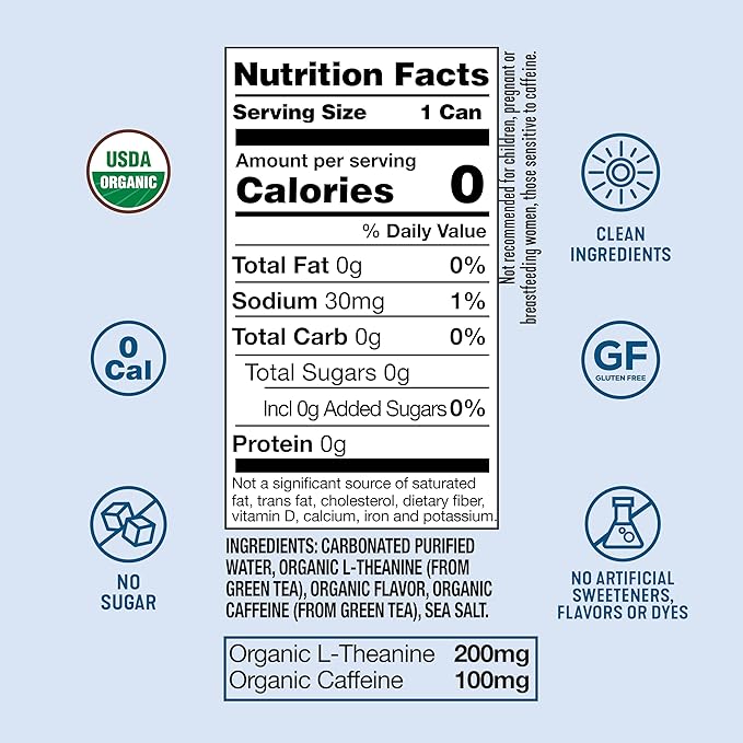 ARDOR ENERGY Sparkling Water with 100mg Natural Caffeine &amp 200mg L-Theanine from Organic Green Tea for Smooth Energy &amp Focus | Healthy Energy Drink | No Sugar Zero Calories Vegan Gluten-Fre