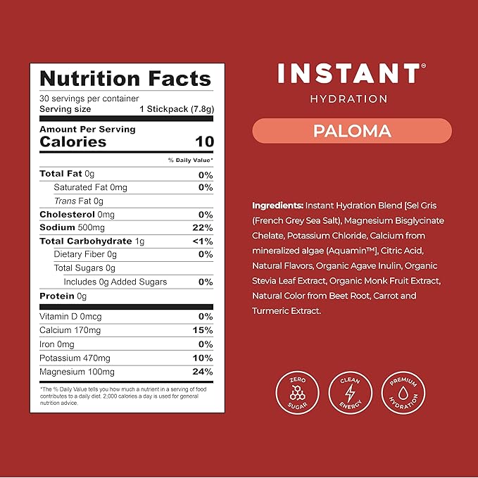 Instant Hydration Electrolytes Powder Packets - Paloma Electrolyte Drink Mix - Zero Sugar - Keto Vegan Gluten-Free Non-GMO - Boost Recovery Brain Health Muscle &amp Tissue Support- 30 Sticks