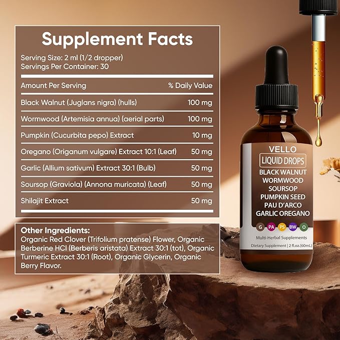 Vello Black Walnut Wormwood Gut Cleanse Wormwood Black Walnut Clove Drops with Garlic Oregano Soursop Pau D'arco Pumpkin Seed Extracts Support Gut &amp Digestion Balance Improve Energy (2)