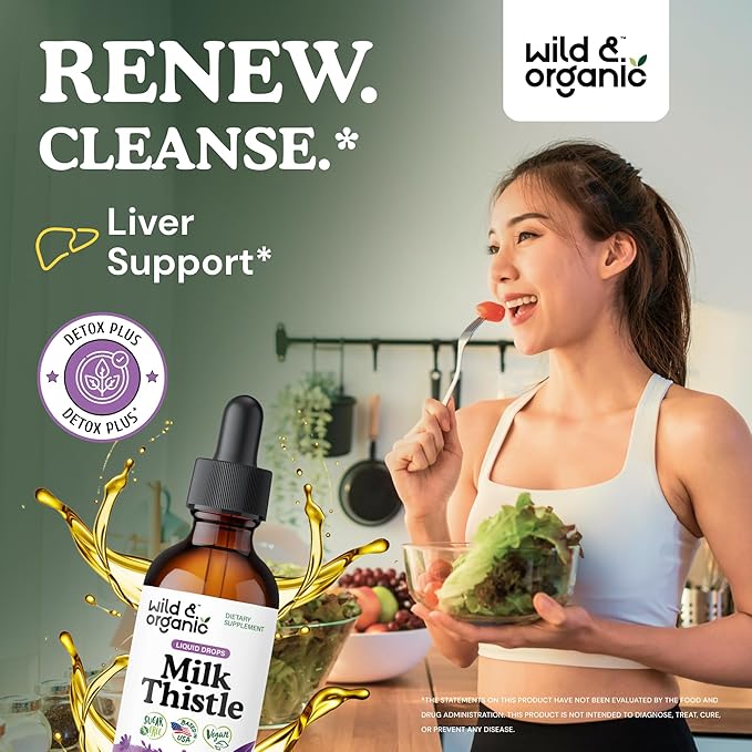 Wild &amp Organic Milk Thistle Extract Drops - Liver Cleanse Support - Milk Thistle Liver Detox Tincture - Liquid Silymarin Supplement - Silybum Marianum Seeds - Vegan Sugar &amp Alcohol-Free - 2 f