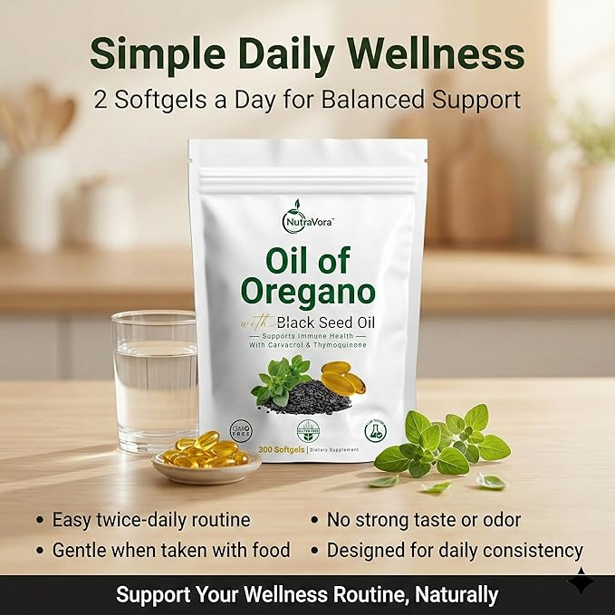 Oil of Oregano with Black Seed Oil Capsules – Dietary Supplement for Immune &amp Respiratory Wellness Support – with Carvacrol &amp Thymoquinone – Non-GMO Gluten-Free – 300 Softgels