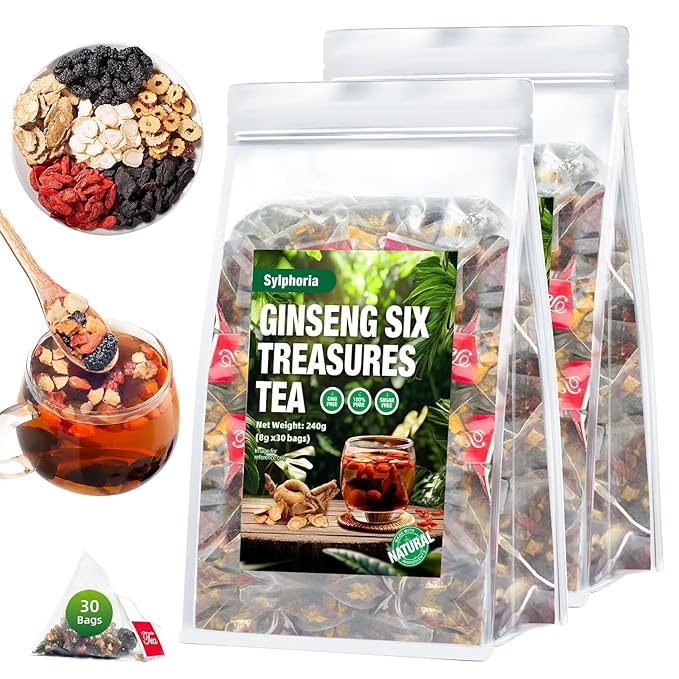 Ginseng Six Treasures Tea Traditional Herbal Kidney Tea Formula Ginseng Six Treasure Tea Bags Natural Kidney Cleanse Tea Bags for Women &amp Men Ginseng Six Treasure Tea（2Pack/50Bags）