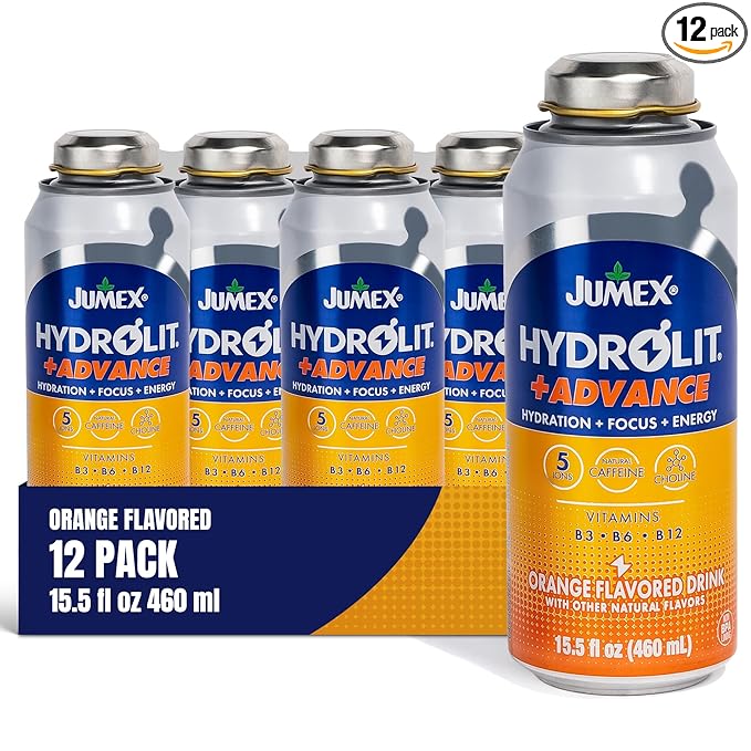 Jumex Hydrolit +Advance Hydration Energy Drinks - 90 Calorie Orange Sports Drinks - Non Carbonated Electrolyte &amp Vitamin Water with Ions Choline B3 B6 B12 &amp Natural Caffeine - 15.5oz 12 P