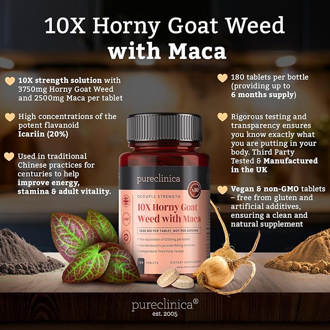 pureclinica 10X Horny Goat Weed &amp Maca Extract 6250mg x 180 Tablets (6 Months Supply) -10 X More Icariins - w/5mg Black Pepper Extract for 300% Increased Absorption
