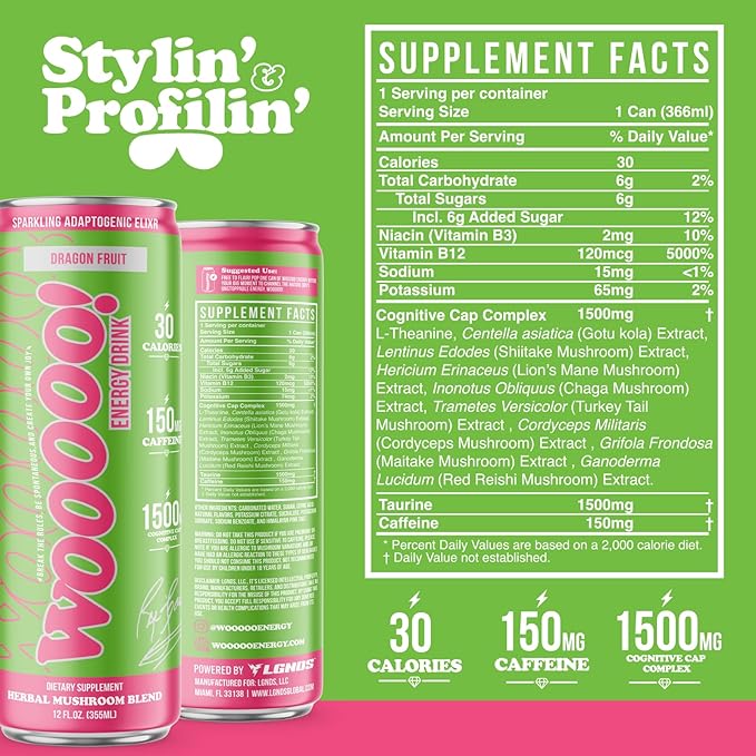 Wooooo! Energy Ric Flair Sparkling Adaptogenic Mushroom Energy Drink | Natural Antioxidants &amp Nootropics | Lion’s Mane &amp Cordyceps | 150mg Caffeine | 12 Pack (Dragon Fruit)
